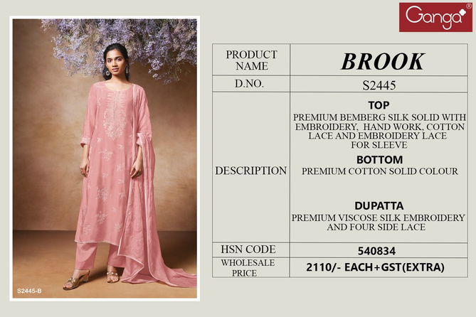 Brook 2445 By Ganga Premium Silk Embroidery Dress Material Wholesalers In Delhi